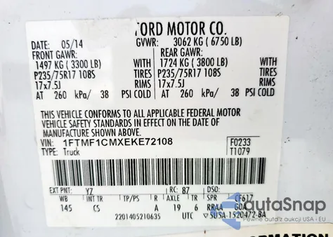 2014 Ford F150 z USA, uszkodzony, nr VIN 1FTMF1CMXEKE72108